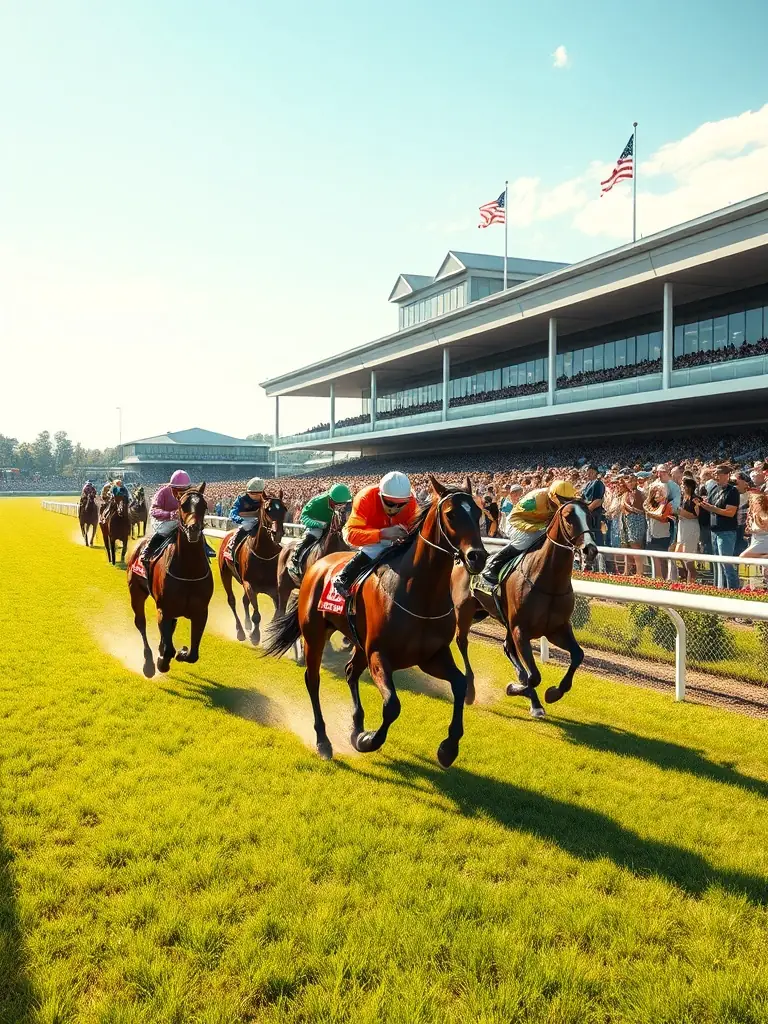 A vibrant image depicting a horse race at the Chatelaillon-La Rochelle Hippodrome, showcasing the excitement and energy of the event with horses thundering down the track and spectators cheering in the stands.