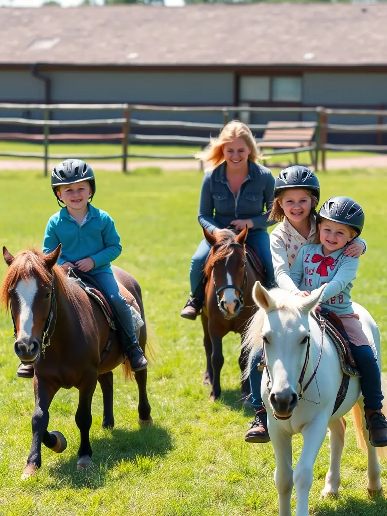 A photo of children participating in a pony riding activity at the hippodrome, highlighting the family-friendly atmosphere and the organization's commitment to youth engagement in equestrian sports.