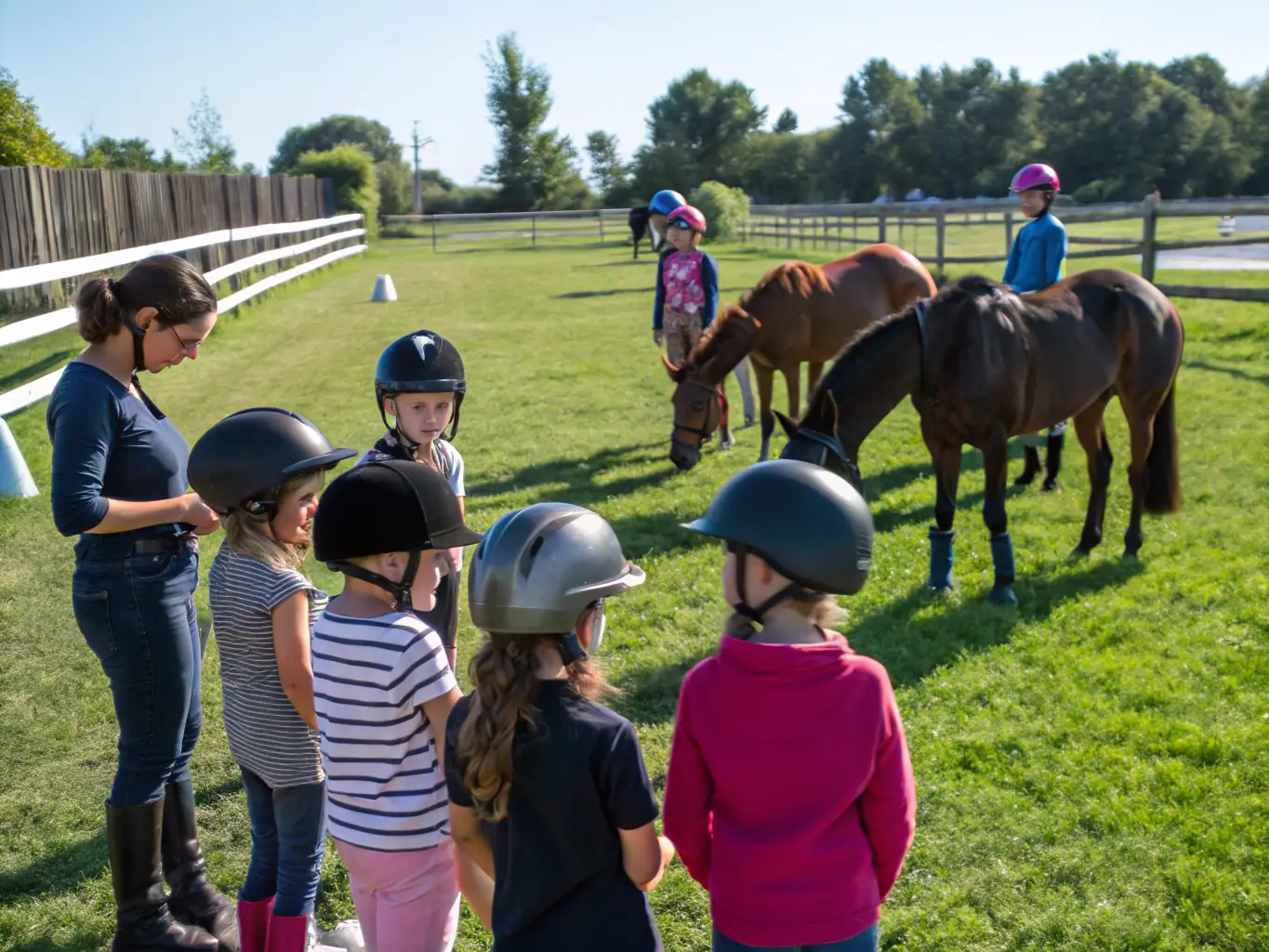 A photograph of a group of children participating in a horse riding lesson, showcasing the educational and developmental aspects of the program.