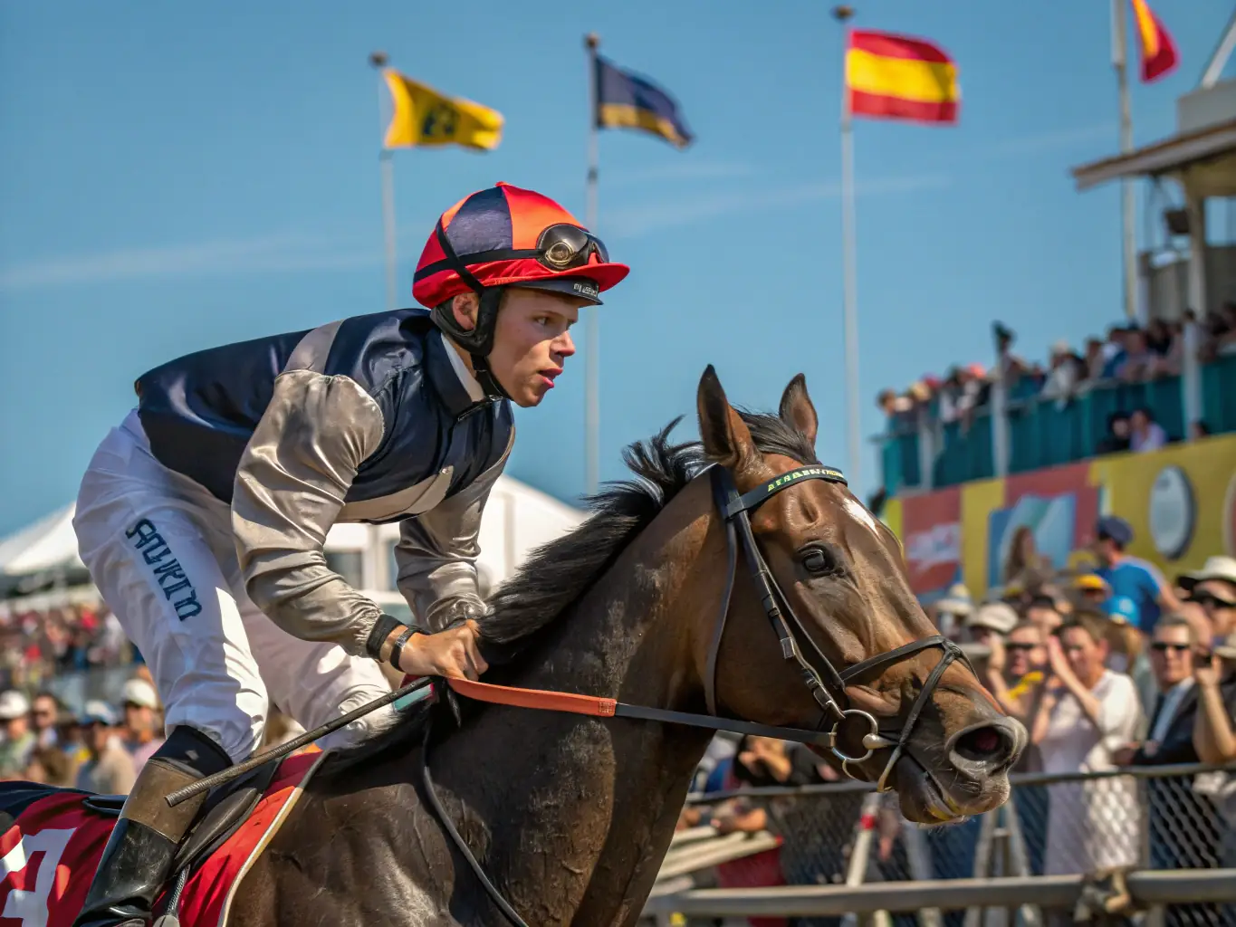 A vibrant image depicting a horse race in full swing, with horses and jockeys competing fiercely, capturing the excitement and energy of the event.