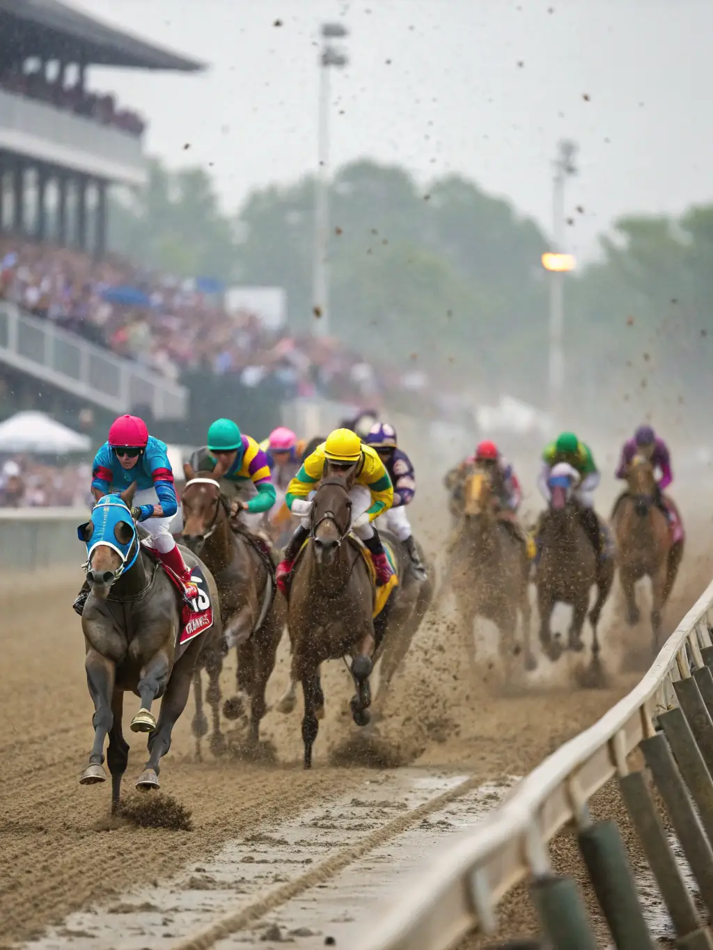 A vibrant image of horses thundering down the racetrack, captured from a low angle to emphasize their speed and power, with the crowd blurred in the background to convey the excitement of the race.