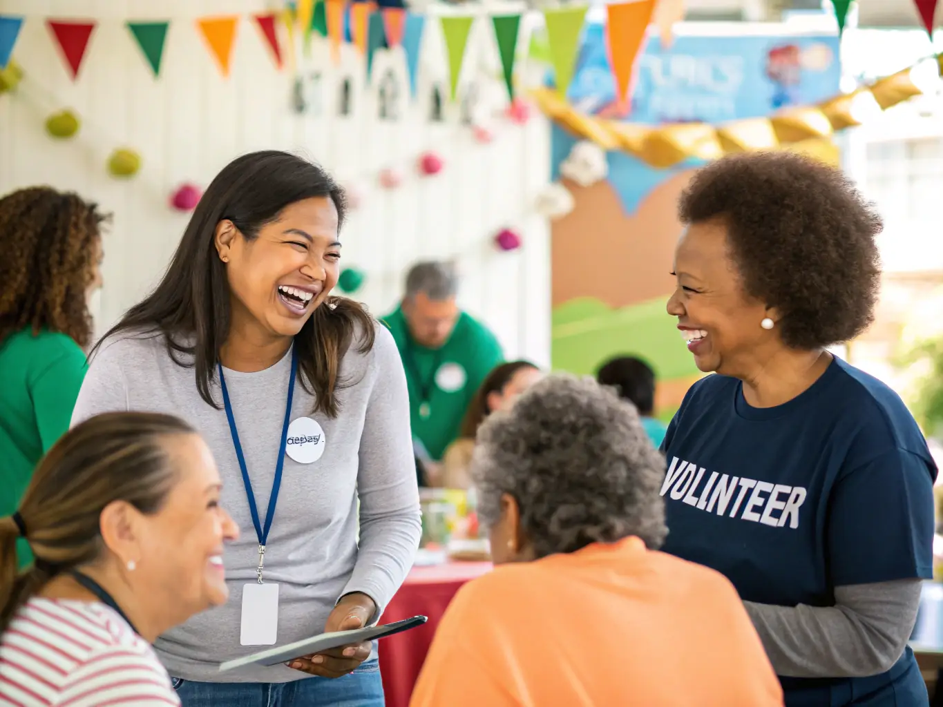 A heartwarming image of volunteers interacting with community members during a SOCIETE DES COURSES DE CHATELAILLON-LA ROCHELLE community outreach event.