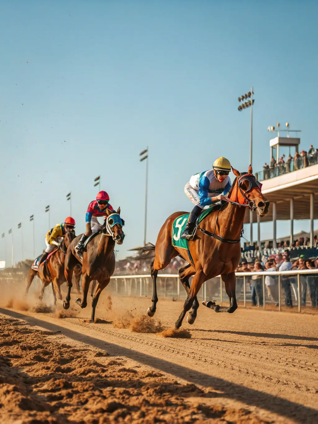 A vibrant image capturing the excitement of a horse race at SOCIETE DES COURSES DE CHATELAILLON-LA ROCHELLE, with horses thundering down the track and spectators cheering in the stands.