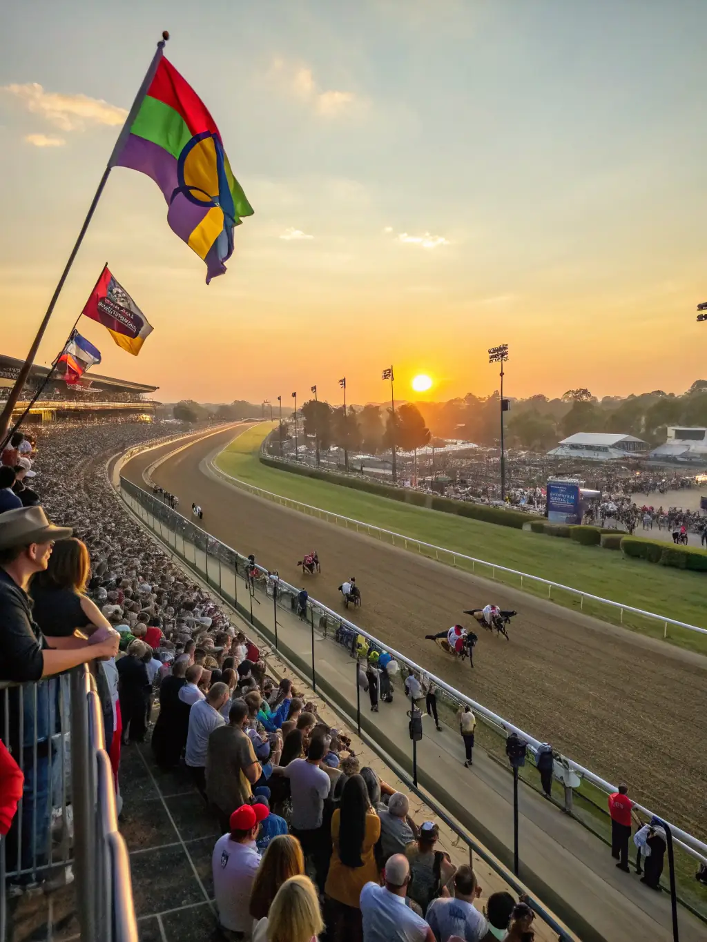 A photograph of the grandstand at the SOCIETE DES COURSES DE CHATELAILLON-LA ROCHELLE, filled with spectators cheering and enjoying the races on a sunny afternoon.