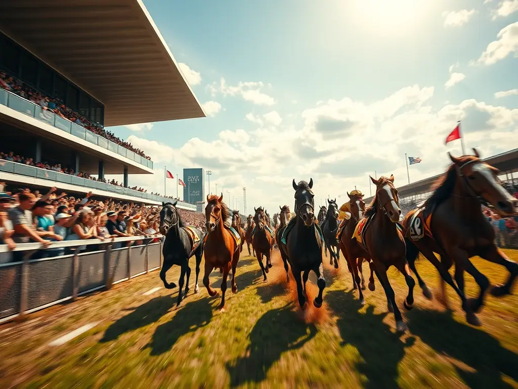 A vibrant image capturing the excitement of a horse race at the Chatelaillon-La Rochelle hippodrome, with horses thundering down the track and spectators cheering from the stands.