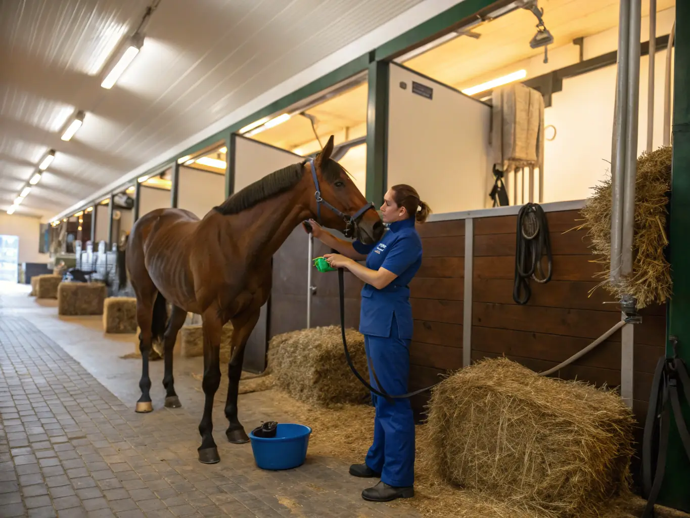 A serene image of volunteers caring for horses in the stables, highlighting the organization's dedication to responsible horse welfare and community involvement.